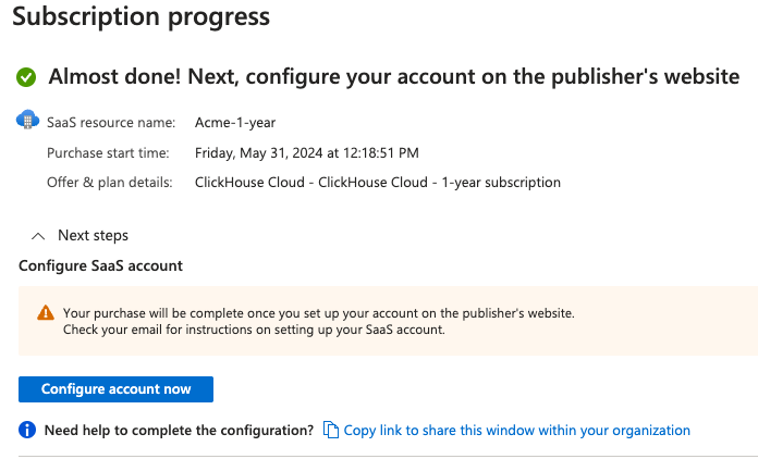 Azure Marketplace Configure account now 버튼
